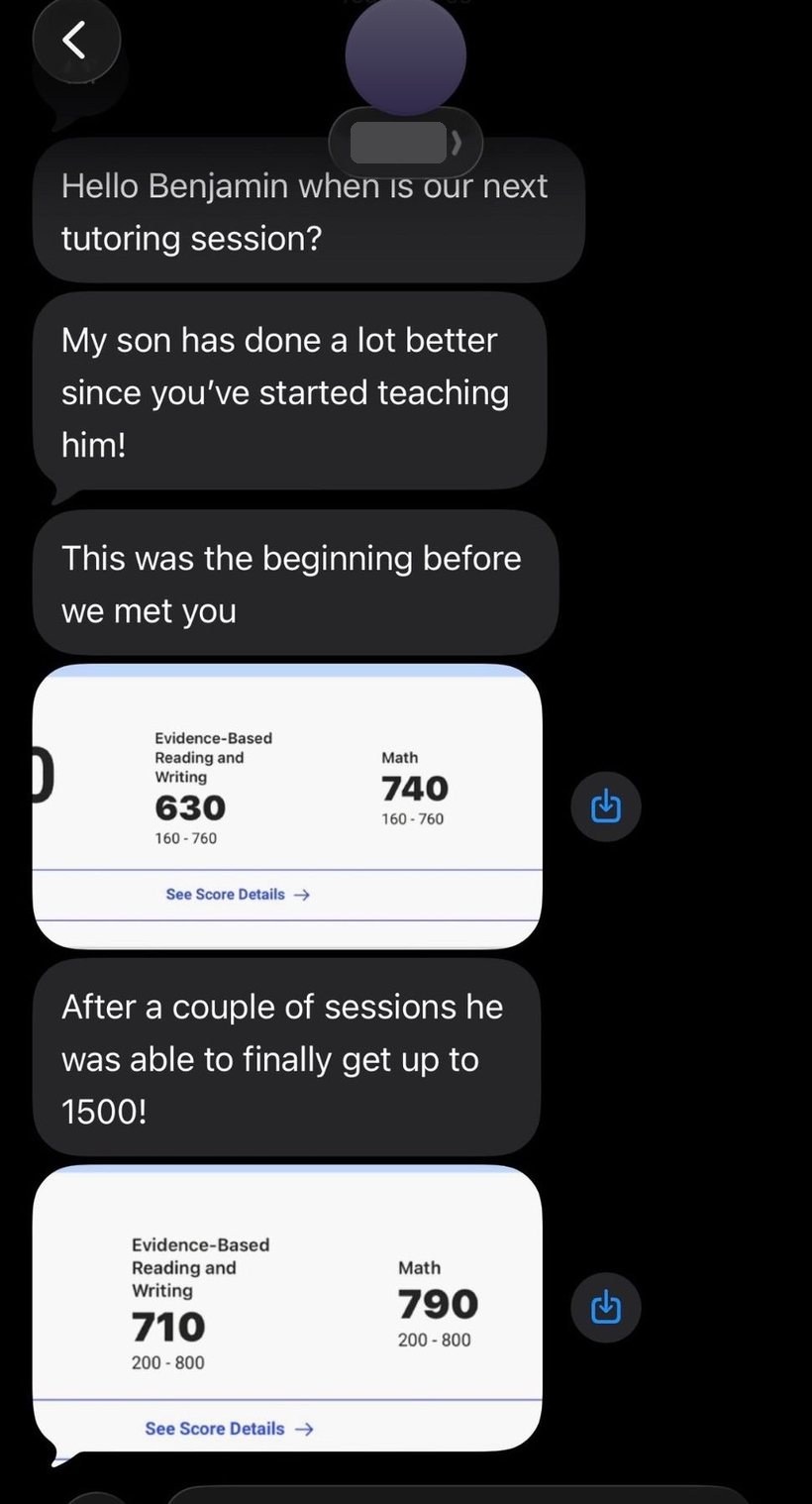 1500 SAT, a real parent text with names hidden